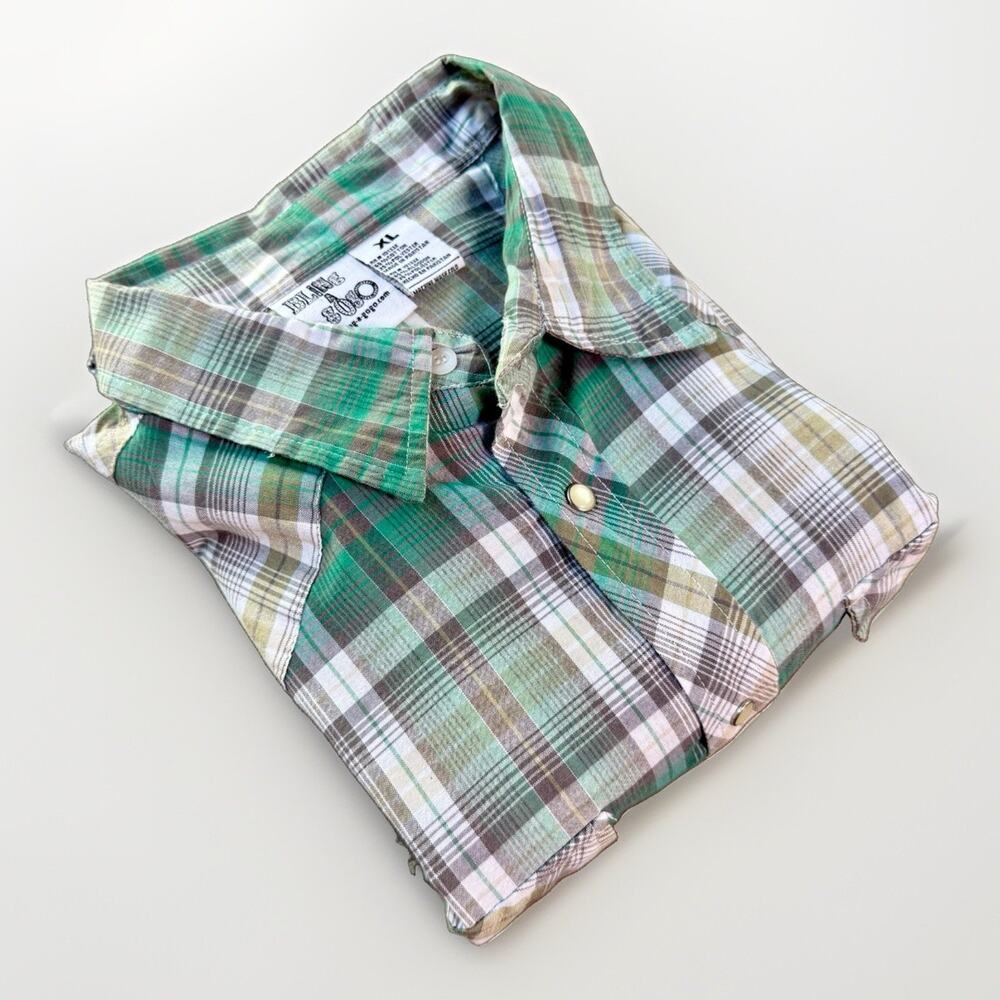 Bling A Gogo Western Pearl Snap Shirt XL Green Plaid Rodeo Cowboy